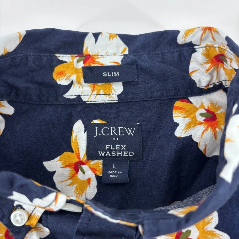 J.Crew Button Down Shirt Mens Large Navy Floral Flex Washed Slim Fit Hawaiian